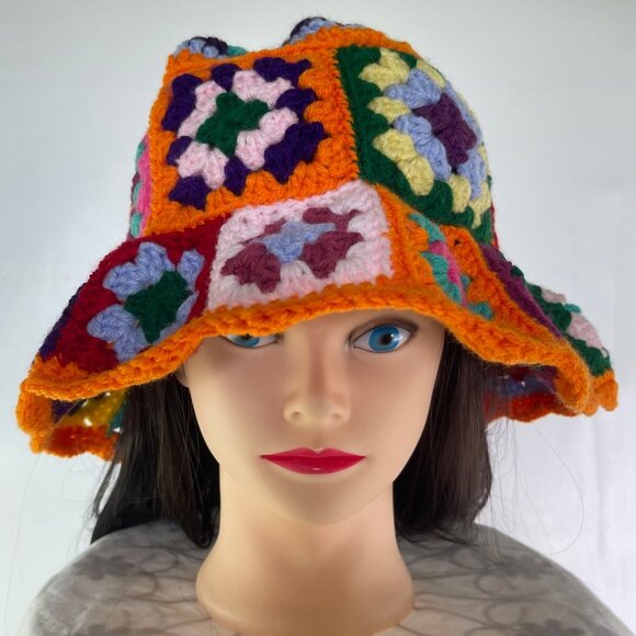 Crochet Bucket Hat Granny Square Pattern Multicolored Adult Size Handmade main image 5